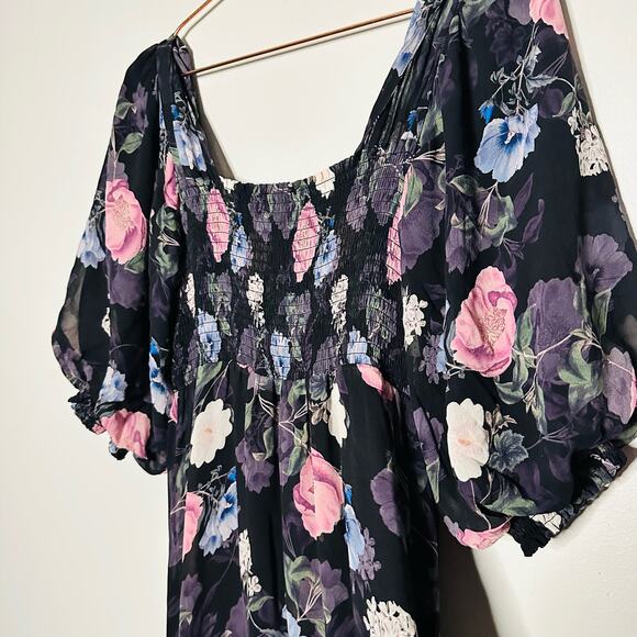 Nicholas Black Purple Floral 100% Silk Square Neckline A-Line Maxi Dress size 10 - Picture 11 of 14